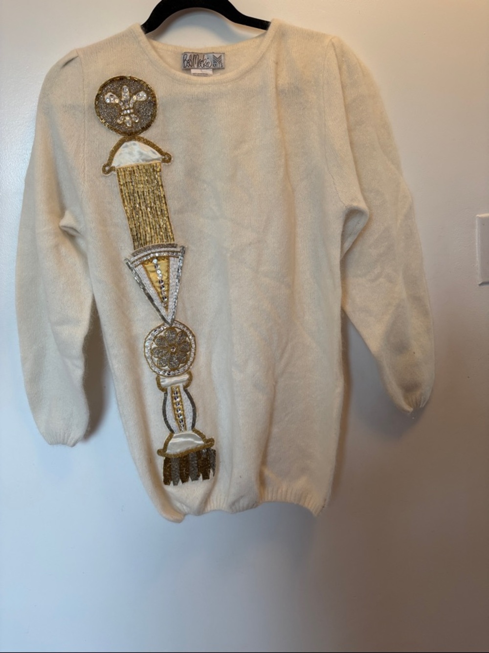 Vintage Bob MacKie Cream Sweater with Gold Sequin Motif